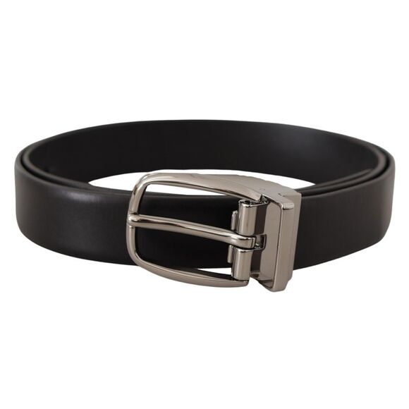 Dolce & Gabbana Black Leather Silver Metal Chrome Logo BuckleMen's Belt